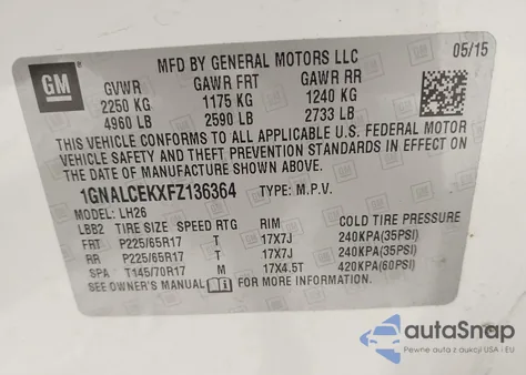 2015 Chevrolet Equinox 2Lt from USA, damaged, VIN 1GNALCEKXFZ136364